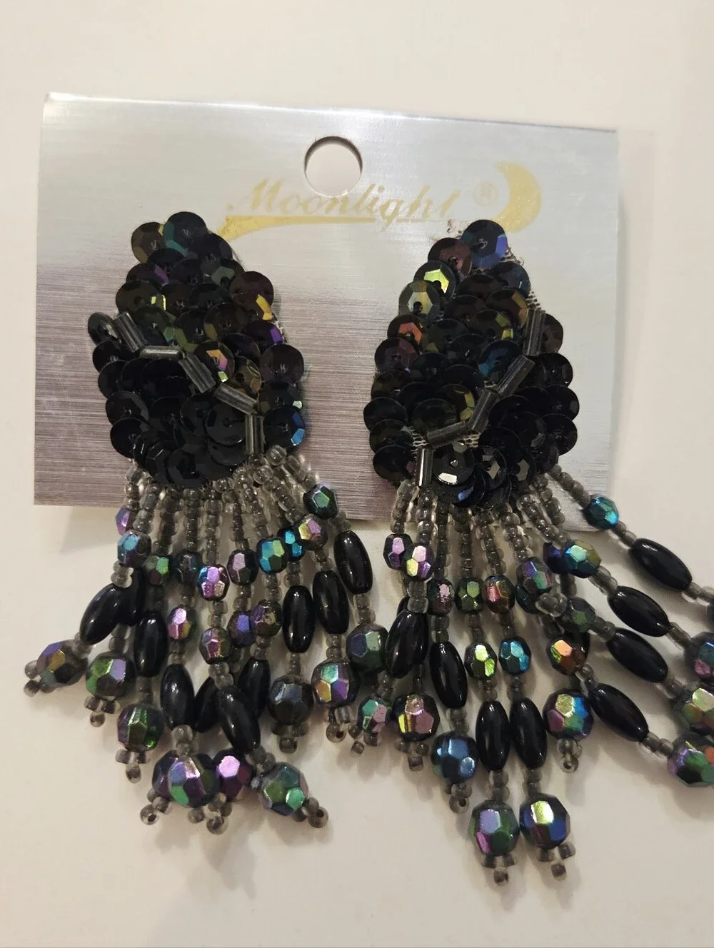 VTG Clip On Pierced Earrings Beaded Runway Chandelier 80s 90s Iridescent Lot 4